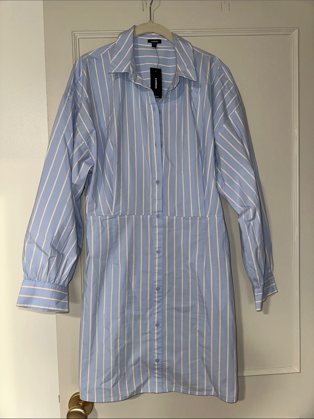 Express Light Blue and White Striped Long Sleeve Shirt Dress